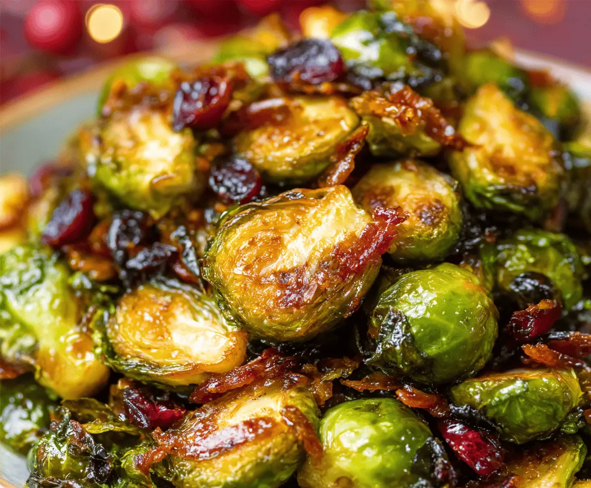 Delicious orange maple glazed Brussels sprouts topped with fresh cranberries for a festive holiday side dish.