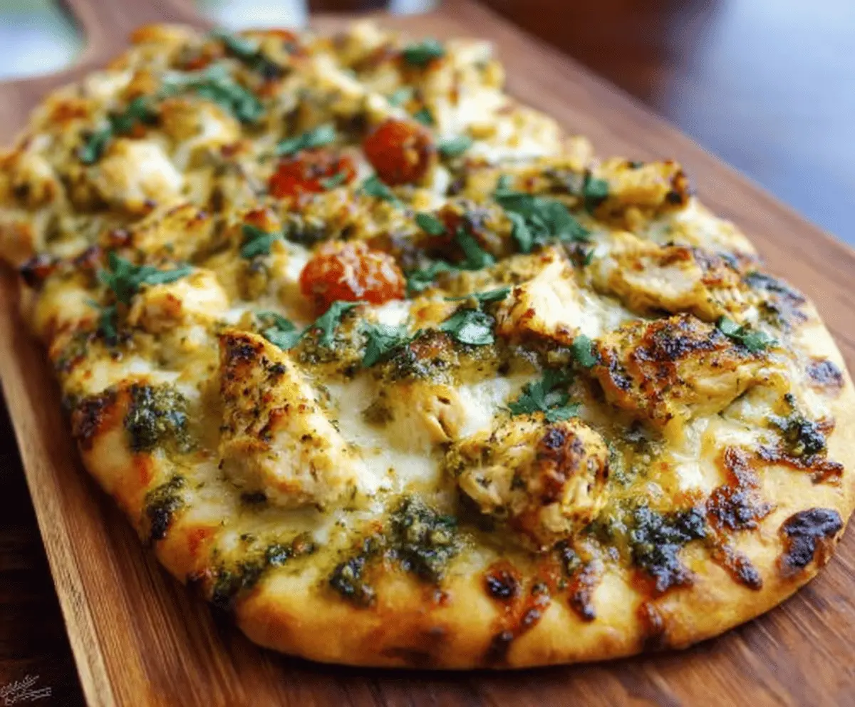 Delicious pesto chicken flatbread topped with fresh basil and melted cheese.
