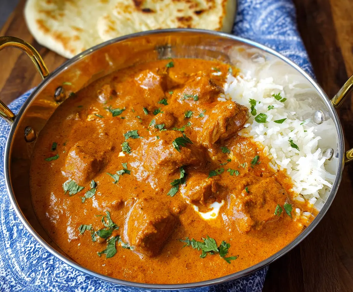 Delicious homemade butter chicken served with rice and fresh naan bread.