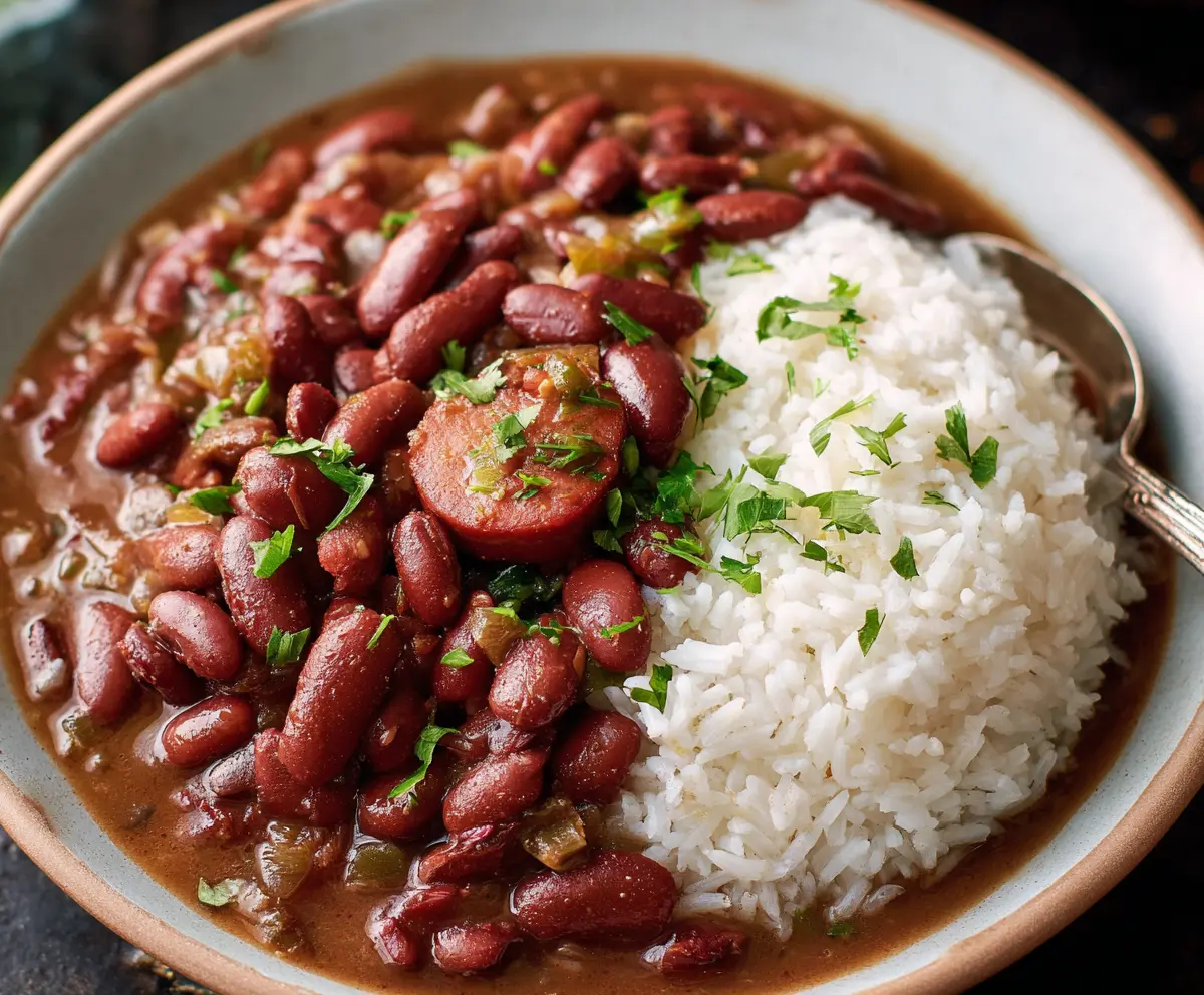 Delicious Red Beans And Rice served on a plate with fresh herbs and spices