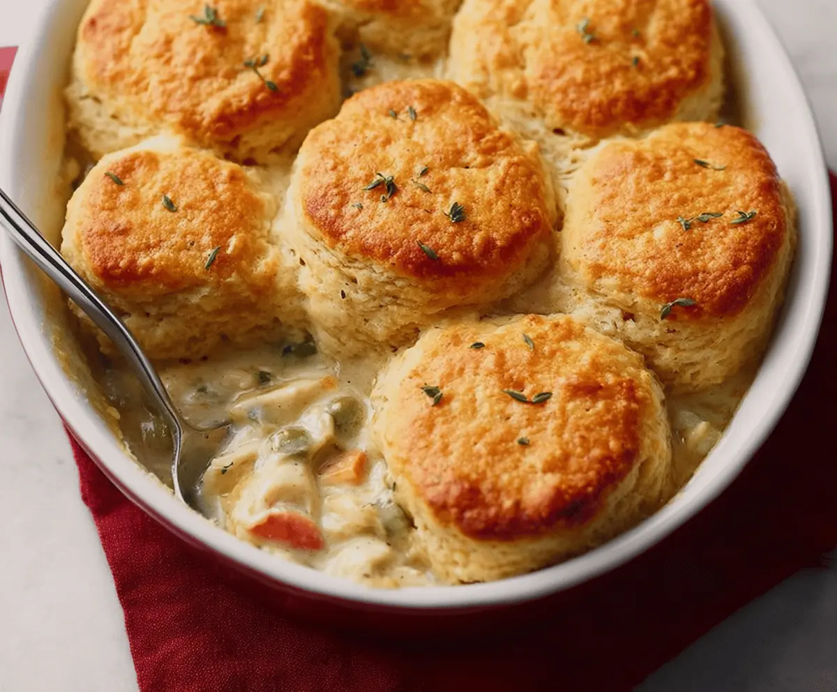 Delicious red lobster biscuit chicken pot pie served hot with a flaky crust and creamy filling.