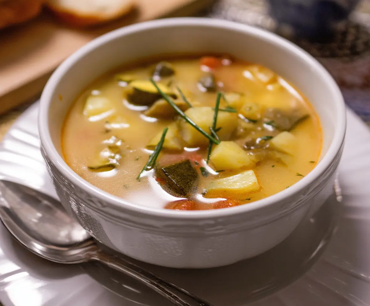 A vibrant bowl of Remi's Ratatouille Soup with colorful vegetables in a rustic ceramic bowl.