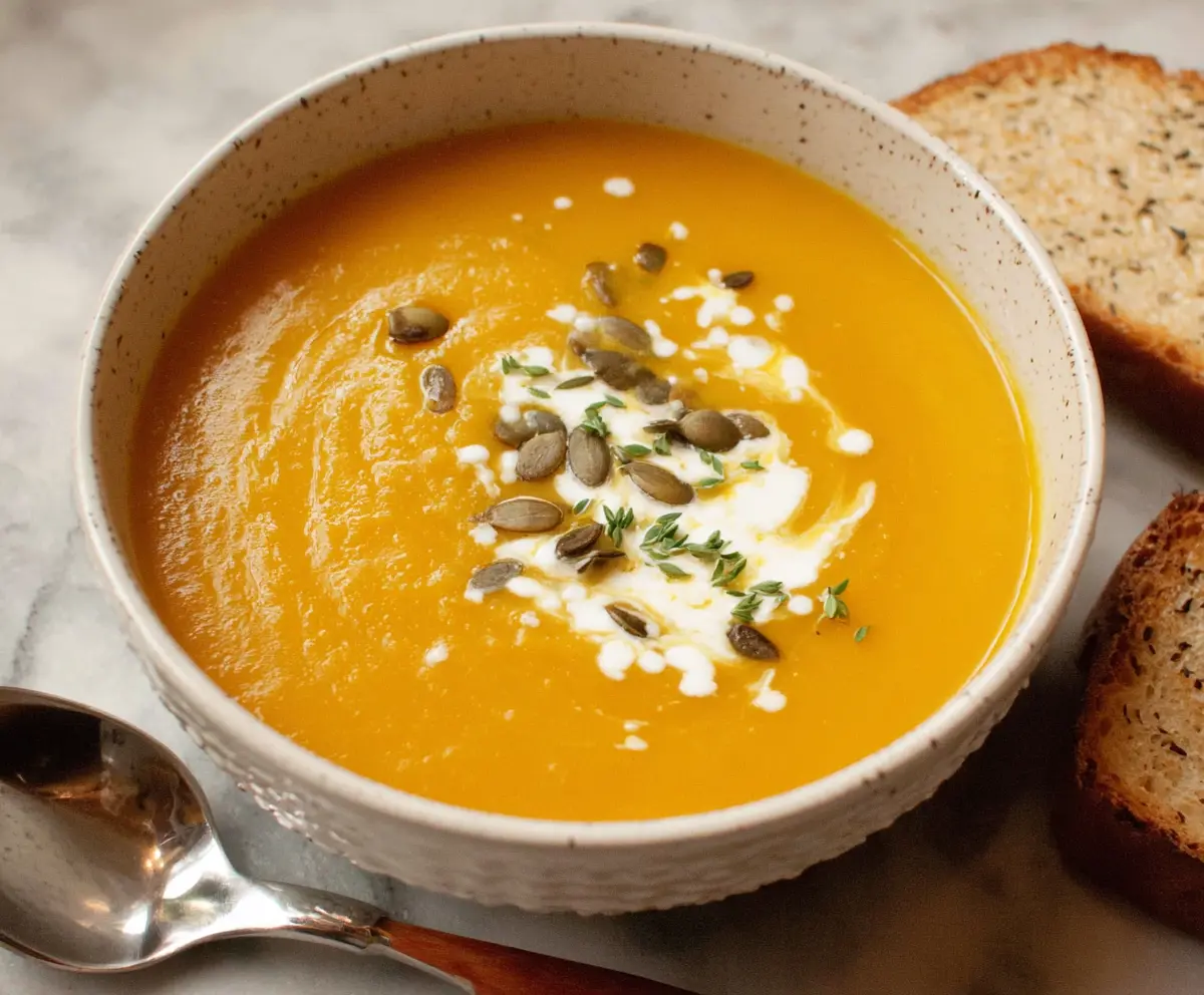 Creamy roasted butternut squash soup in a bowl, garnished with herbs for a comforting winter dish