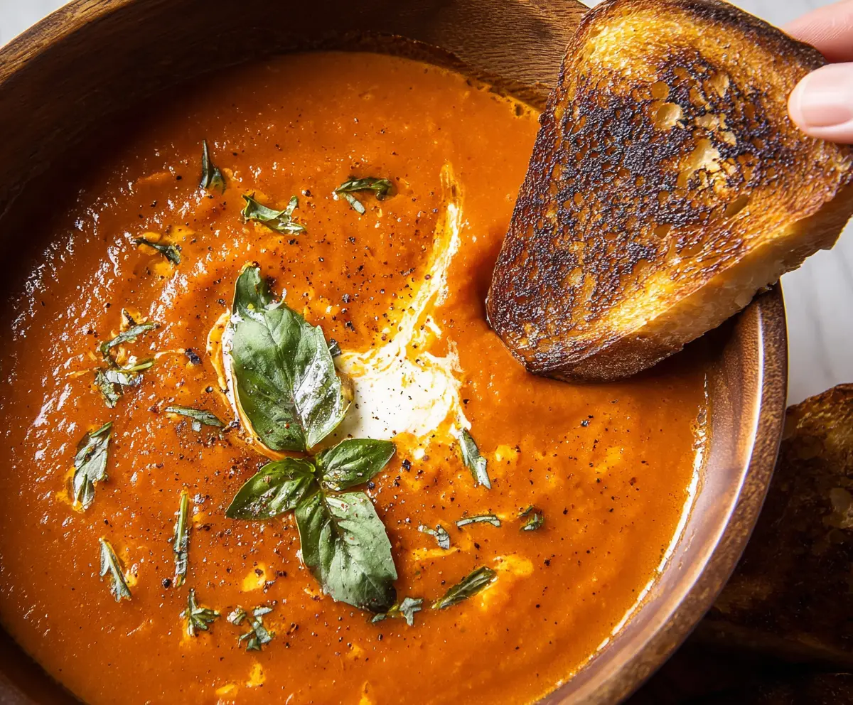 Warm, creamy roasted tomato soup served in a bowl, garnished with fresh basil leaves.