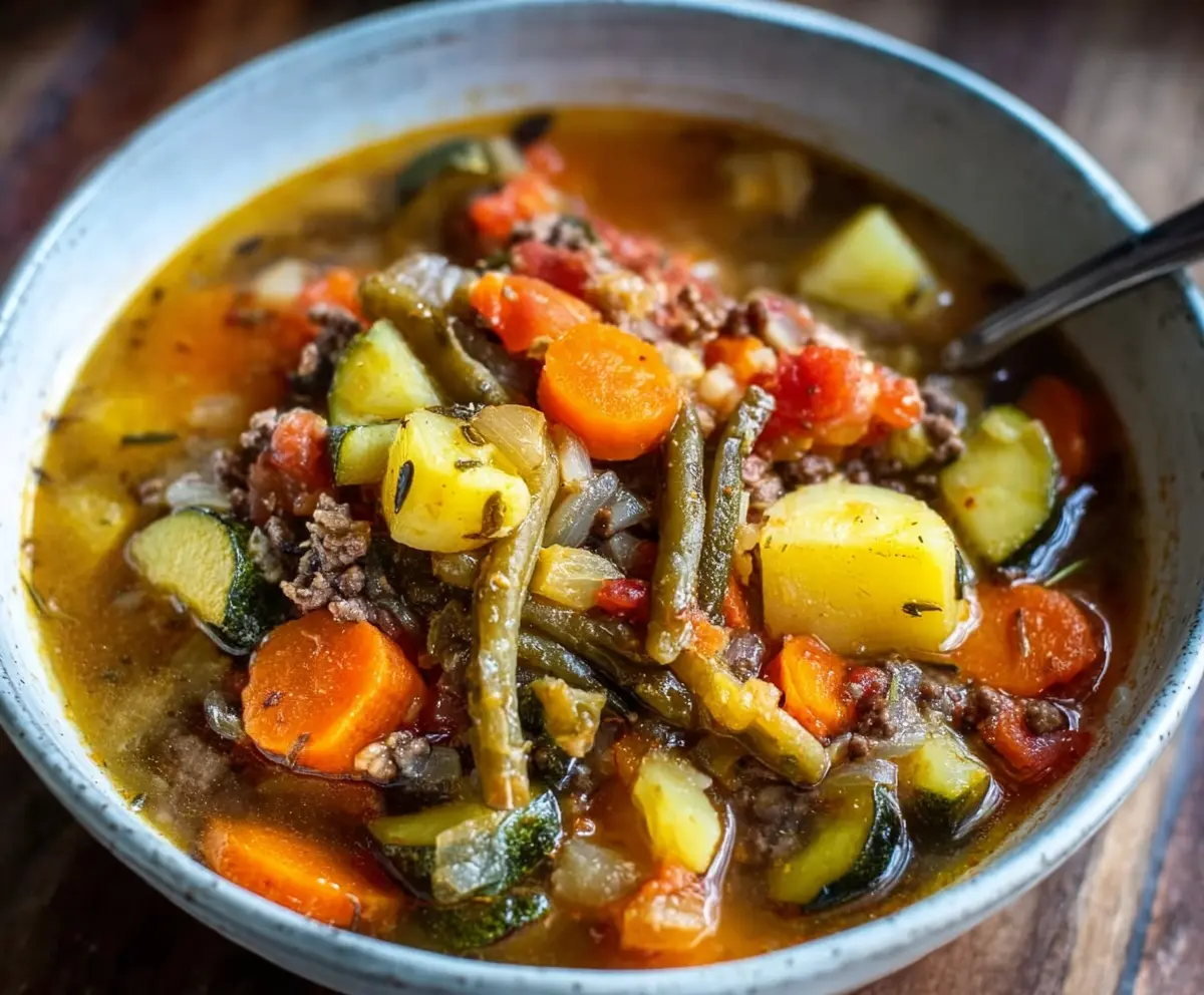 Hearty rustic vegetable soup in a bowl with fresh herbs and crusty bread on the side.