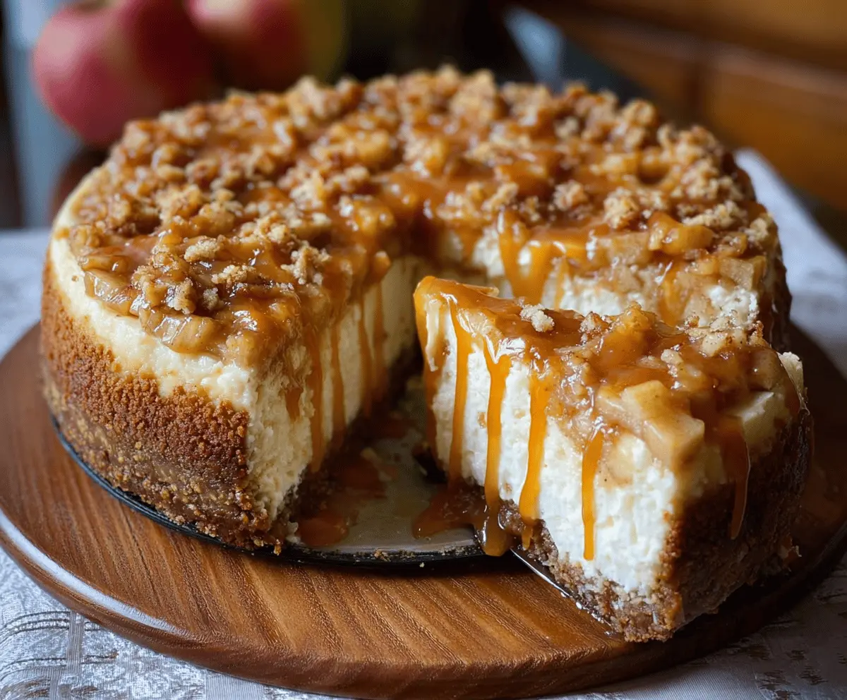 Delicious Salted Caramel Apple Pie Cheesecake with a golden crust and caramel drizzle