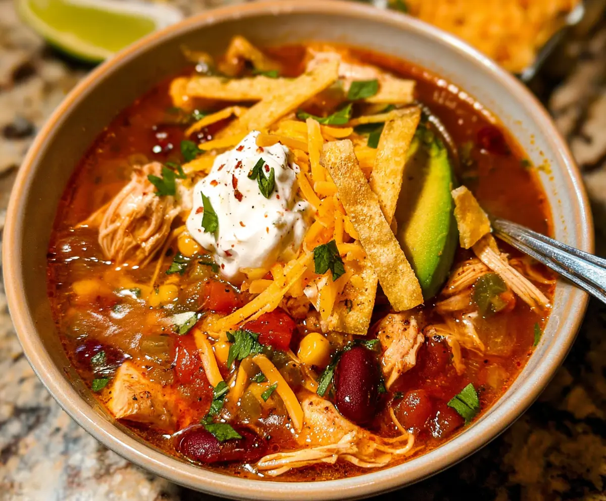 Hearty savory chicken tortilla soup in a bowl topped with fresh herbs and melted cheese.