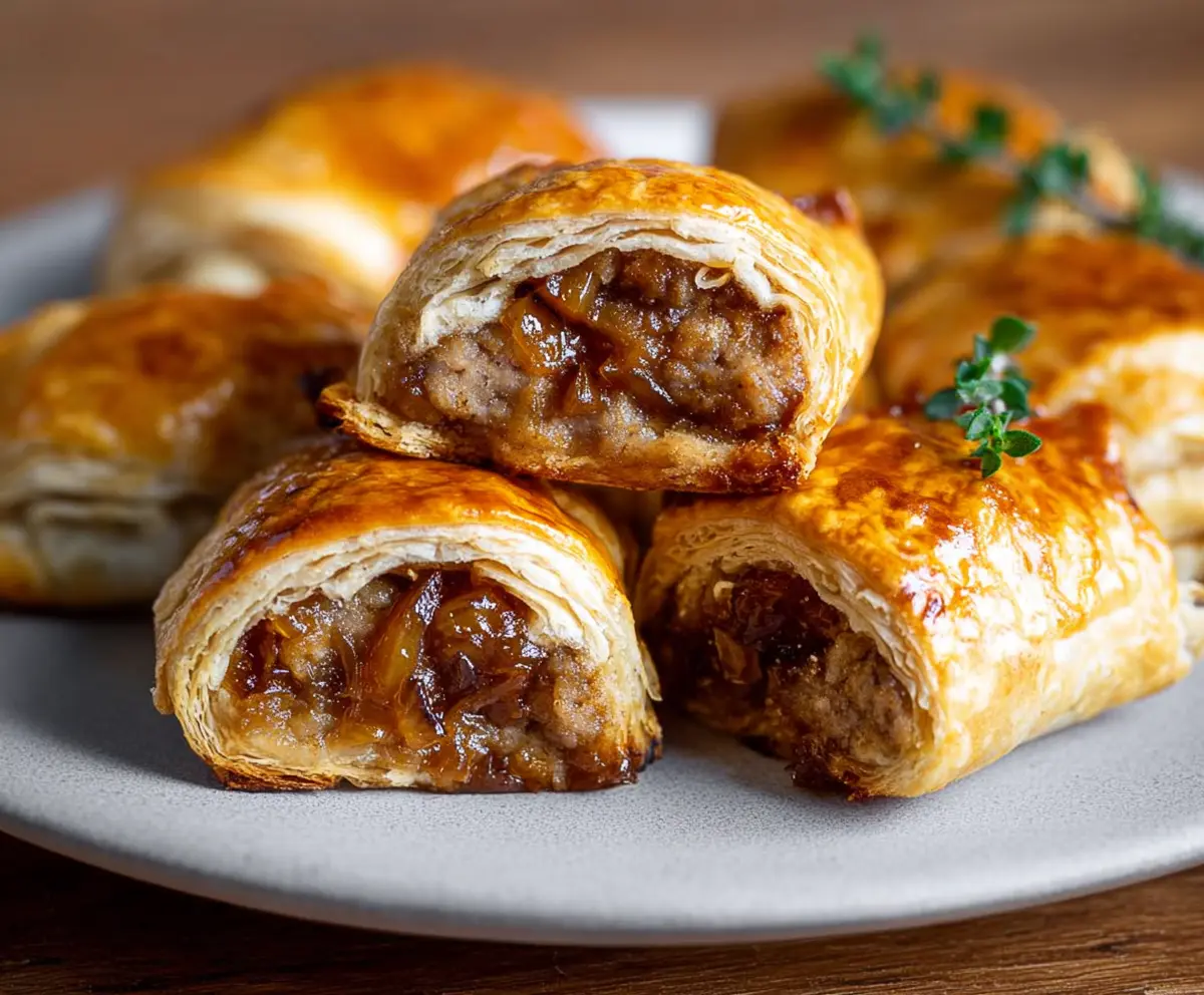 Delicious savory French onion sausage rolls with golden flaky crust and flavorful filling.