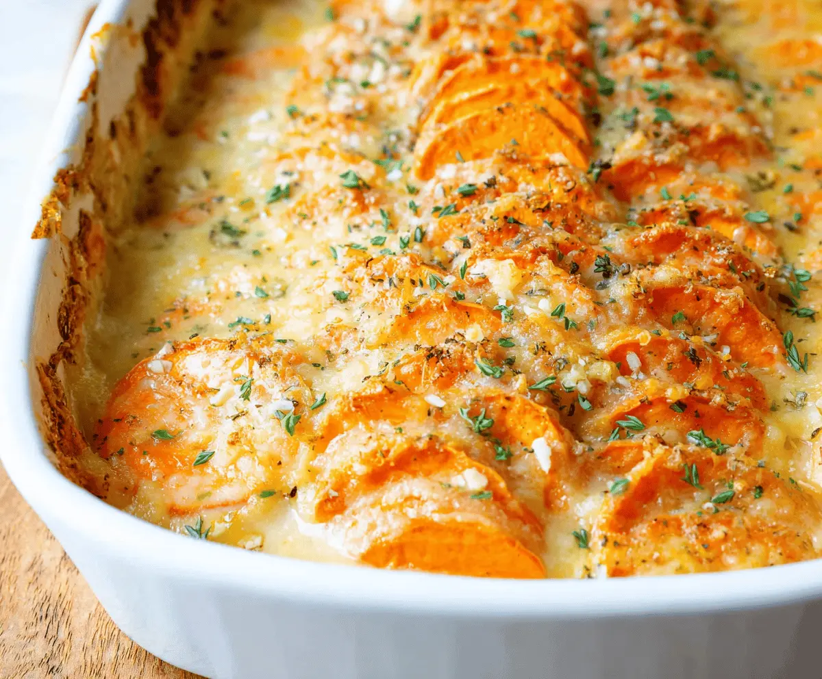 Delicious scalloped sweet potatoes baked to perfection with a creamy, cheesy topping