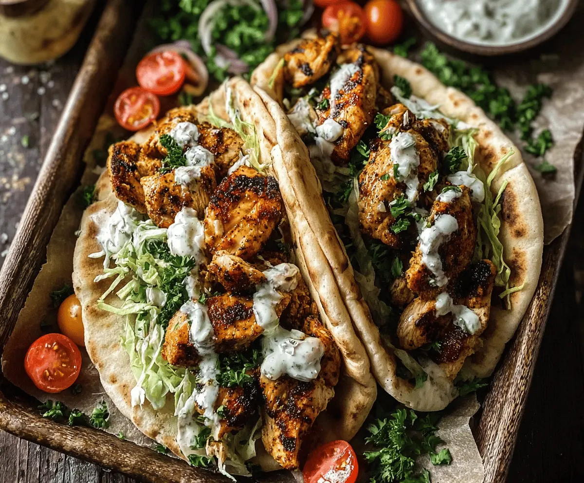 Delicious sheet pan chicken pitas topped with fresh herbs and creamy herby ranch sauce.