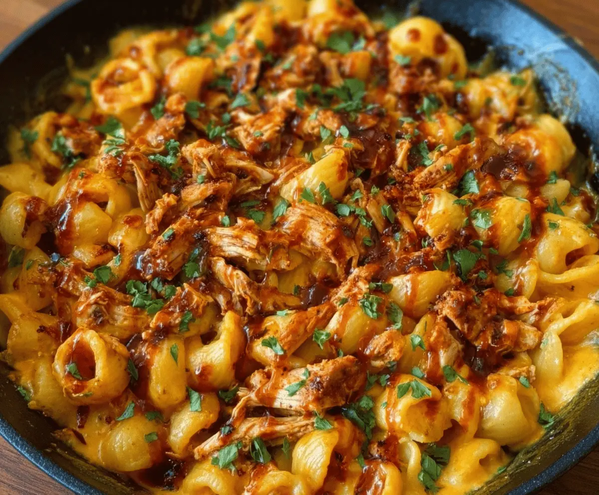 Delicious shredded BBQ chicken mac and cheese served in a bowl, perfect comfort food.