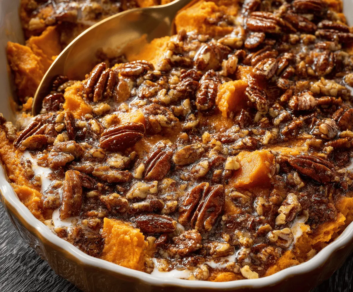 Delicious Southern Maple Sweet Potato Casserole topped with marshmallows and pecans.