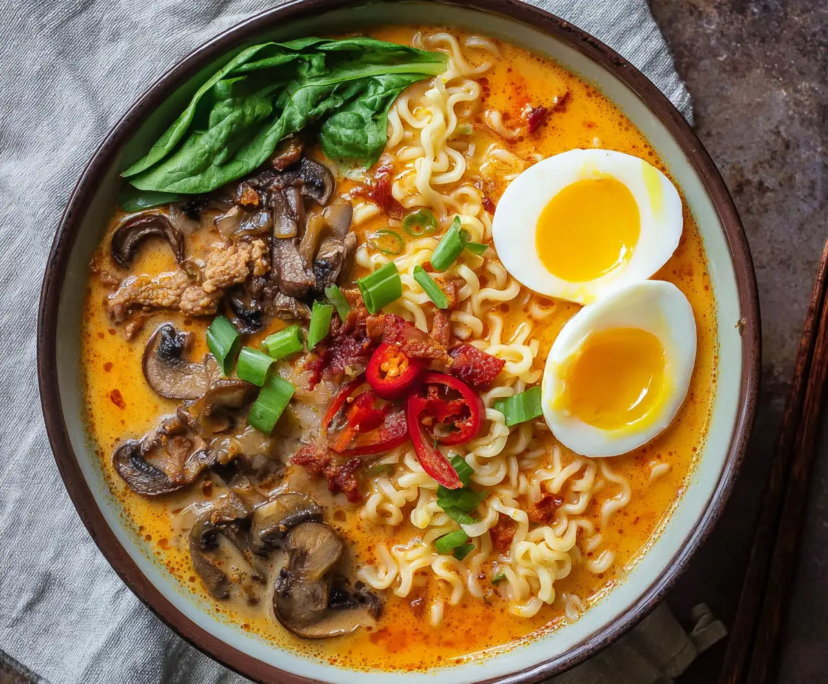 Delicious spicy coconut curry ramen with vibrant vegetables and tender noodles in a bowl.