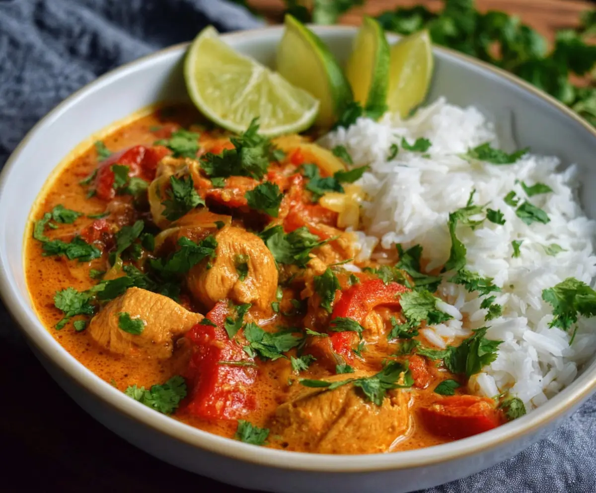 Delicious Spicy Summer Coconut Chicken Curry garnished with fresh herbs, served in a rustic bowl.