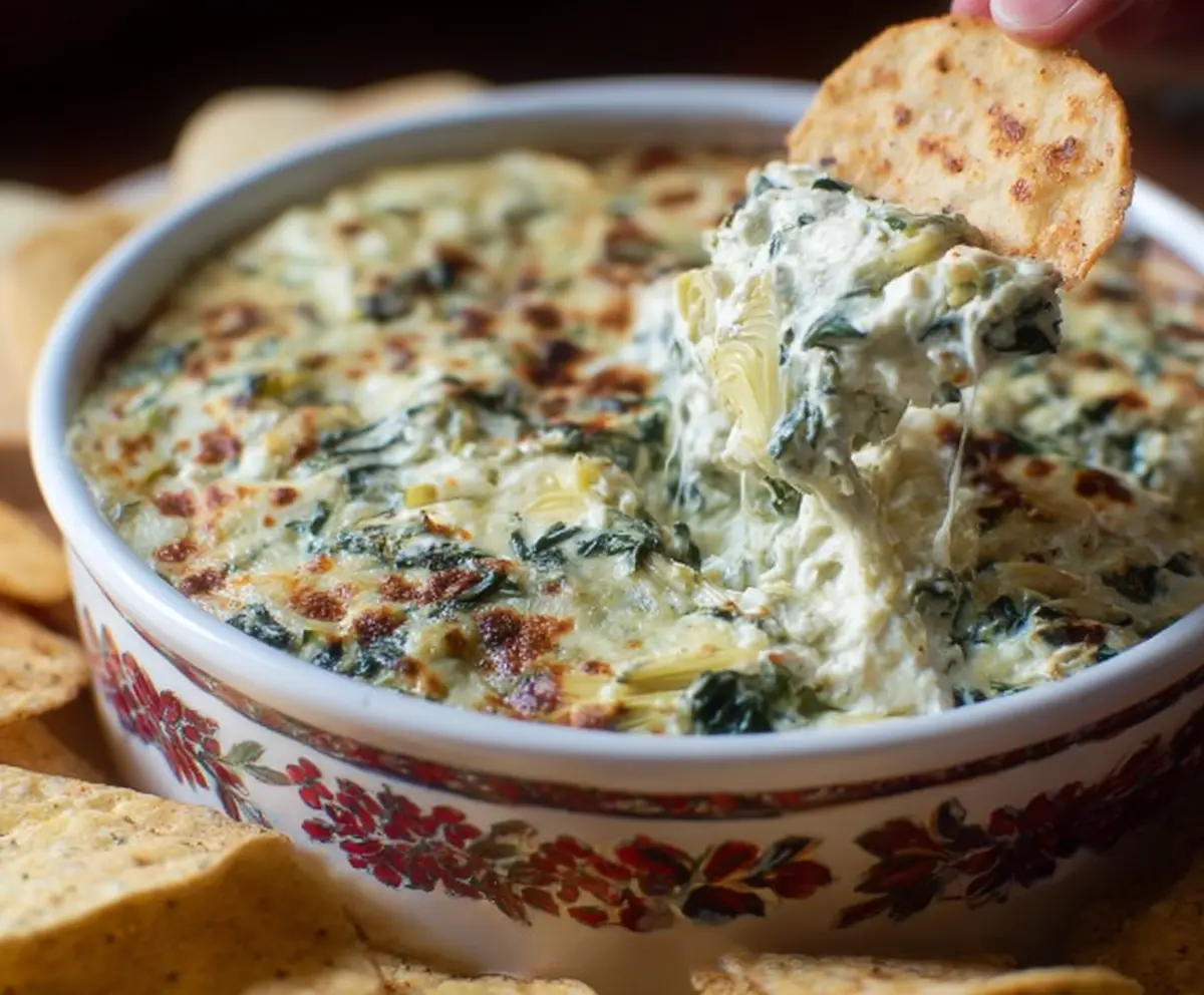 Delicious creamy spinach artichoke dip served with crispy tortilla chips, perfect for snacks or parties.
