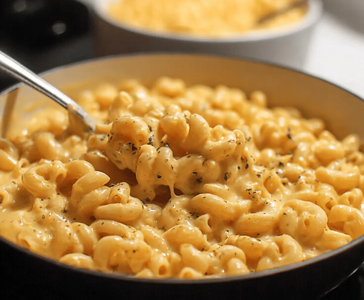 Creamy stovetop Gouda Mac and Cheese in a white bowl with melted cheese and pasta.