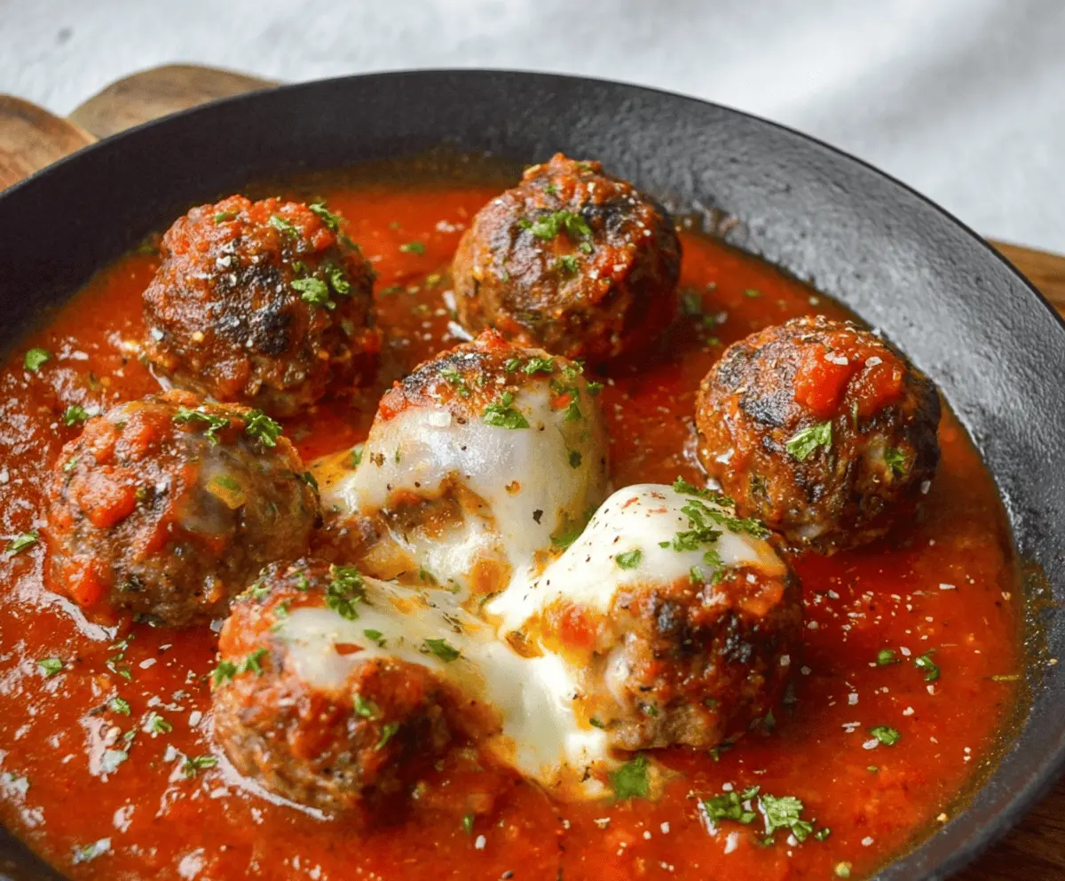Juicy stuffed meatballs overflowing with melted mozzarella cheese on a serving plate.
