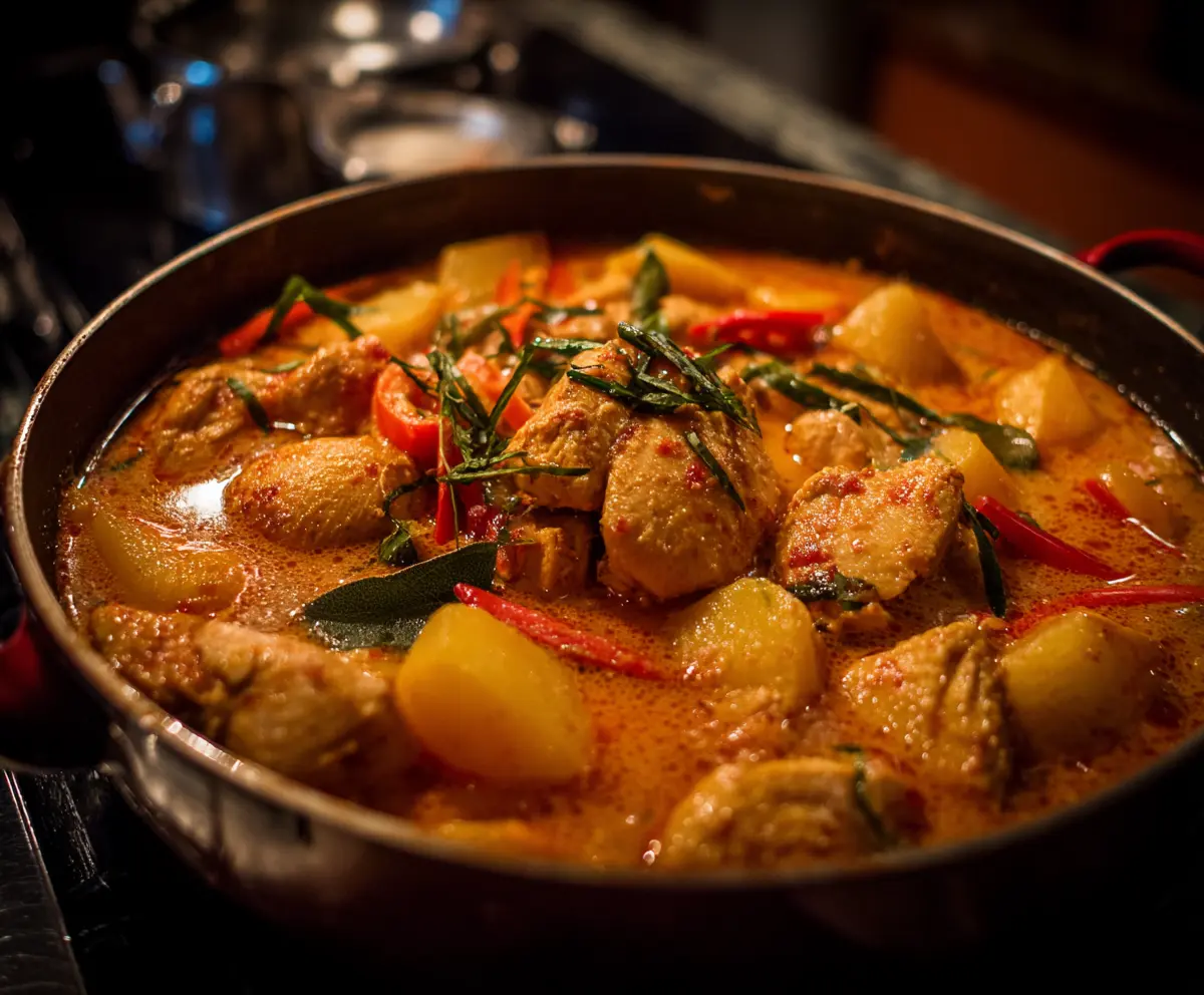 Savory Thai Red Curry Chicken served with fresh vegetables and jasmine rice.