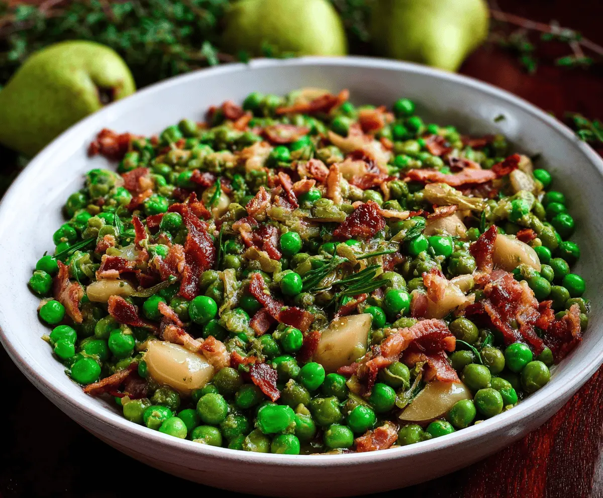 Delicious Thanksgiving peas with pear and crispy pancetta in a festive serving dish