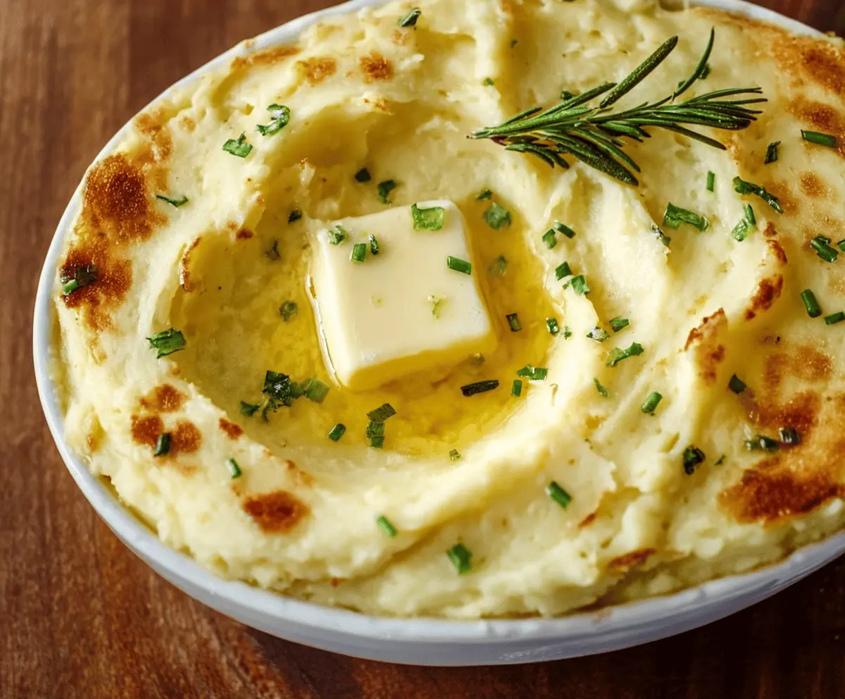 Creamy baked mashed potatoes topped with golden crispy edges, perfect for a comforting meal.