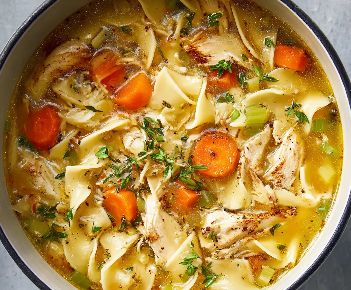 Warm and hearty traditional chicken noodle soup in a bowl with fresh herbs and vegetables.