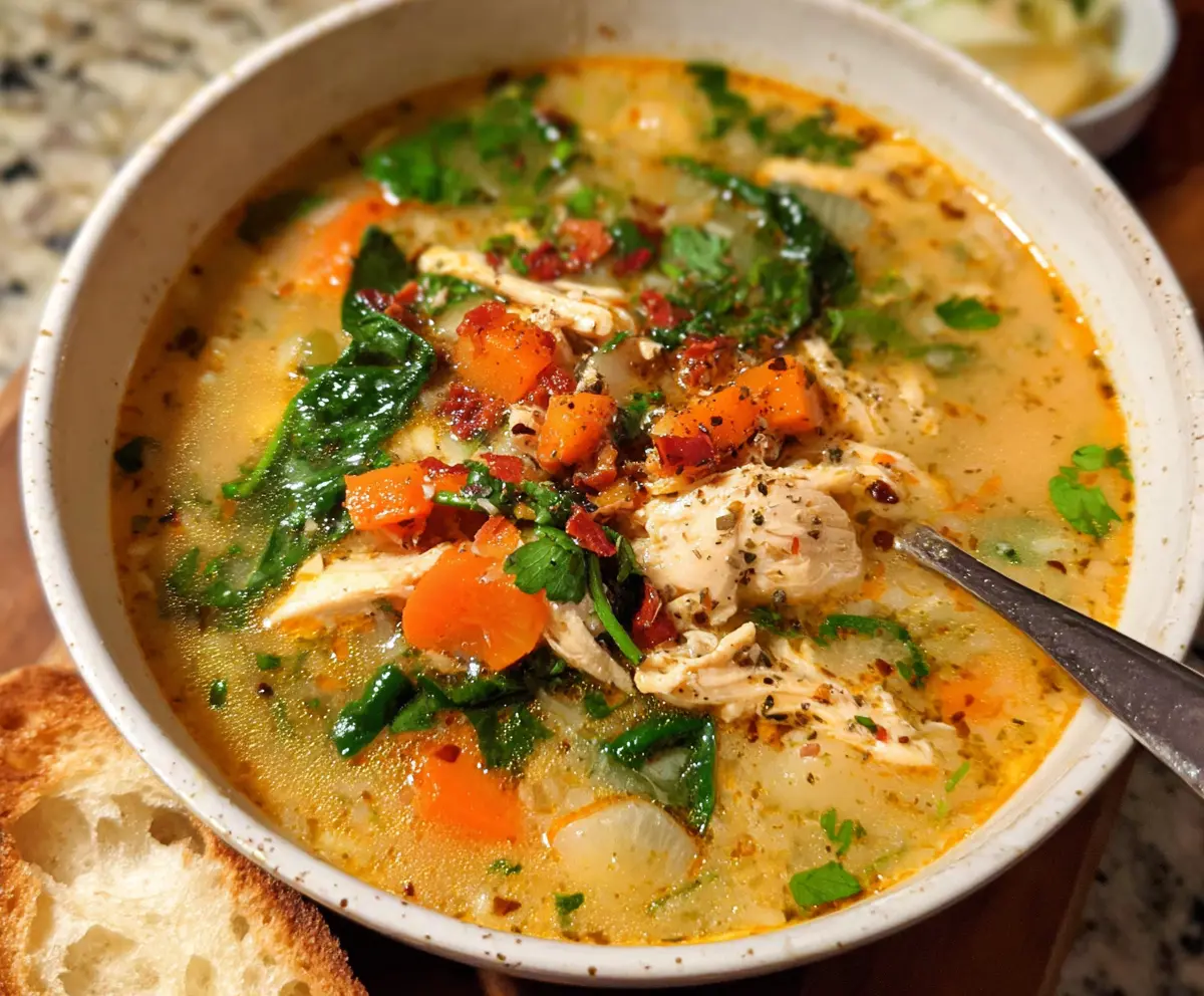A steaming bowl of Tuscan Chicken Soup with tender chicken, fresh herbs, and vegetables in a rustic setting.