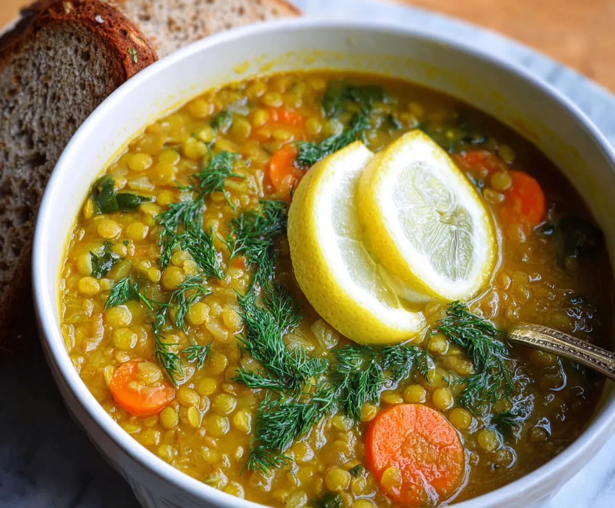 Delicious vegan lemon lentil soup served in a bowl, garnished with fresh herbs, perfect for a healthy plant-based meal.