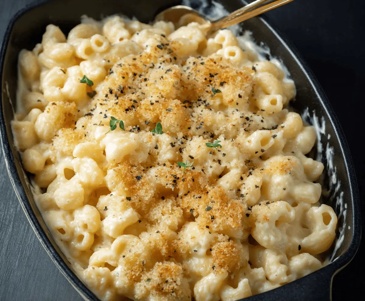 Creamy White Truffle Mac and Cheese served in a stylish bowl, garnished with shaved truffles and fresh herbs