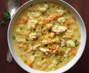 Hearty 30-minute cauliflower chicken soup in a bowl, garnished with fresh herbs, ready to serve.