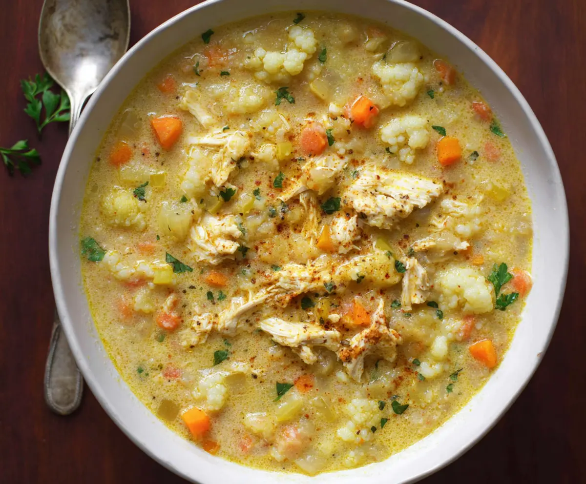 Hearty 30-minute cauliflower chicken soup in a bowl, garnished with fresh herbs, ready to serve.