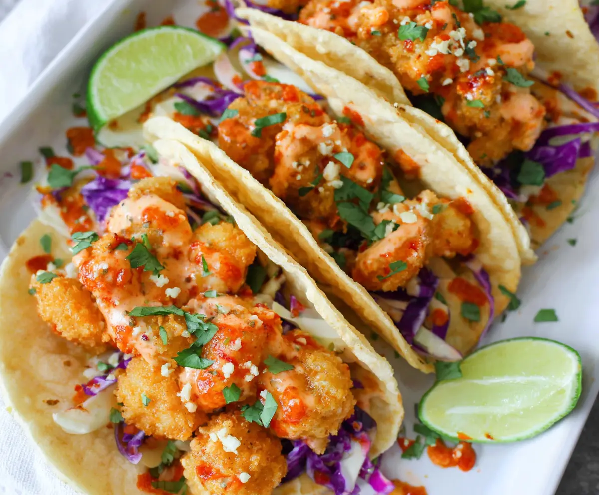 Crispy Air Fryer Bang Bang Shrimp Tacos