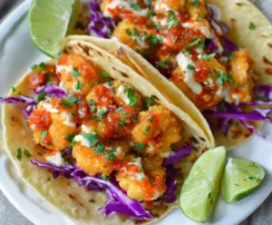 Delicious air fryer bang bang shrimp tacos topped with fresh vegetables and creamy sauce.