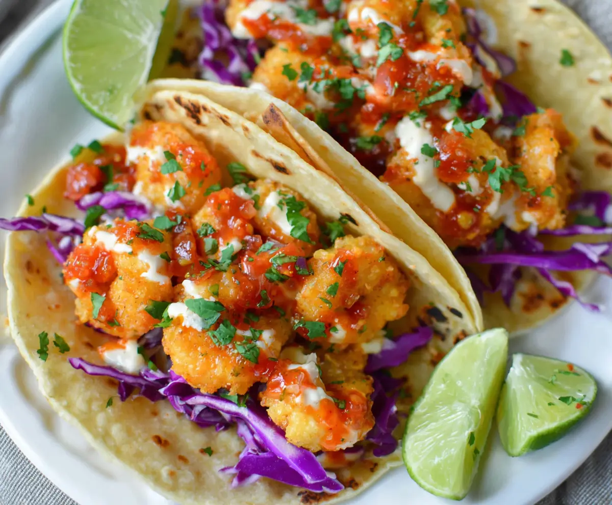 Delicious air fryer bang bang shrimp tacos topped with fresh vegetables and creamy sauce.