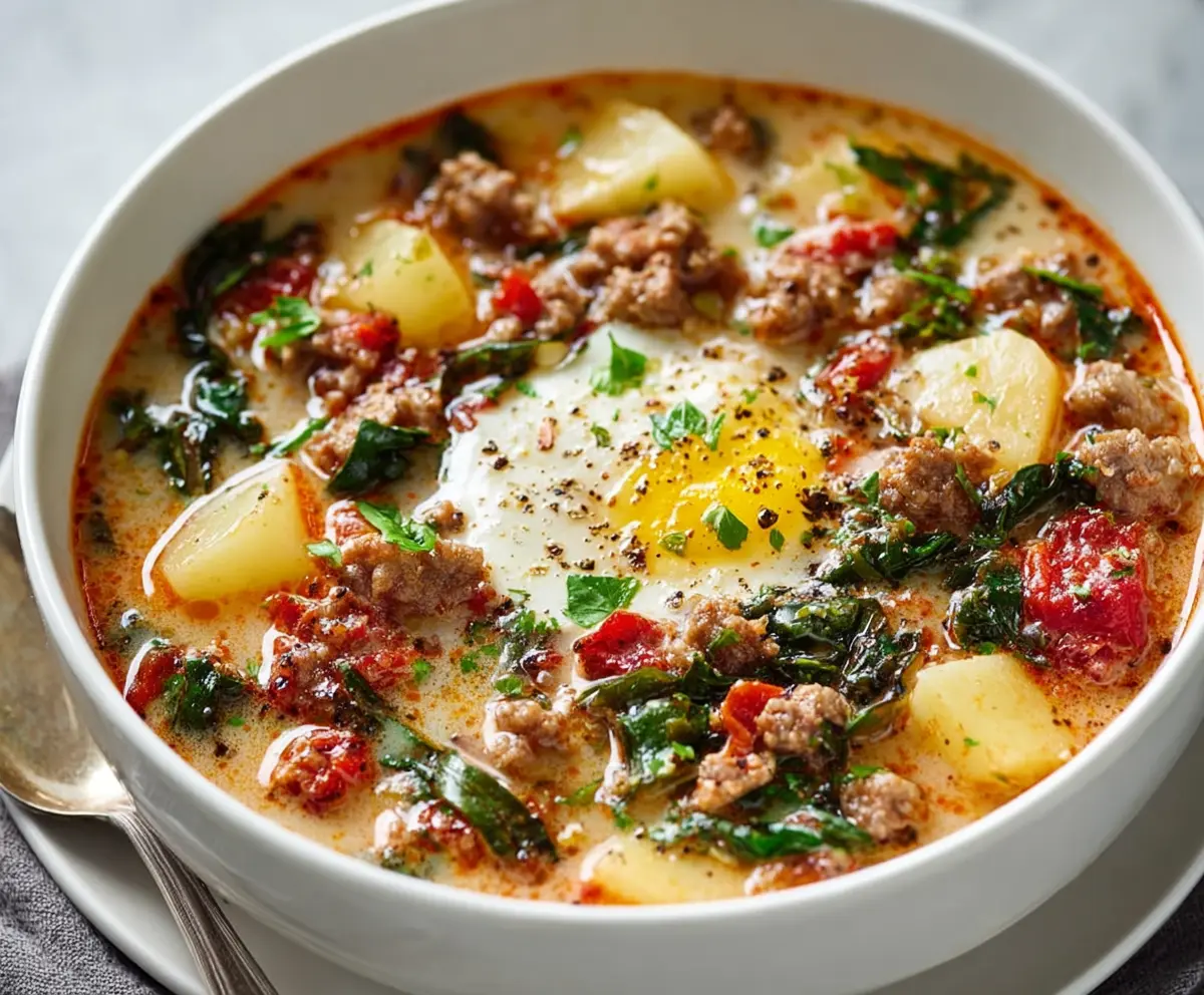 Bowl of flavorful authentic Tuscan Zuppa with fresh herbs and crusty bread on the side.