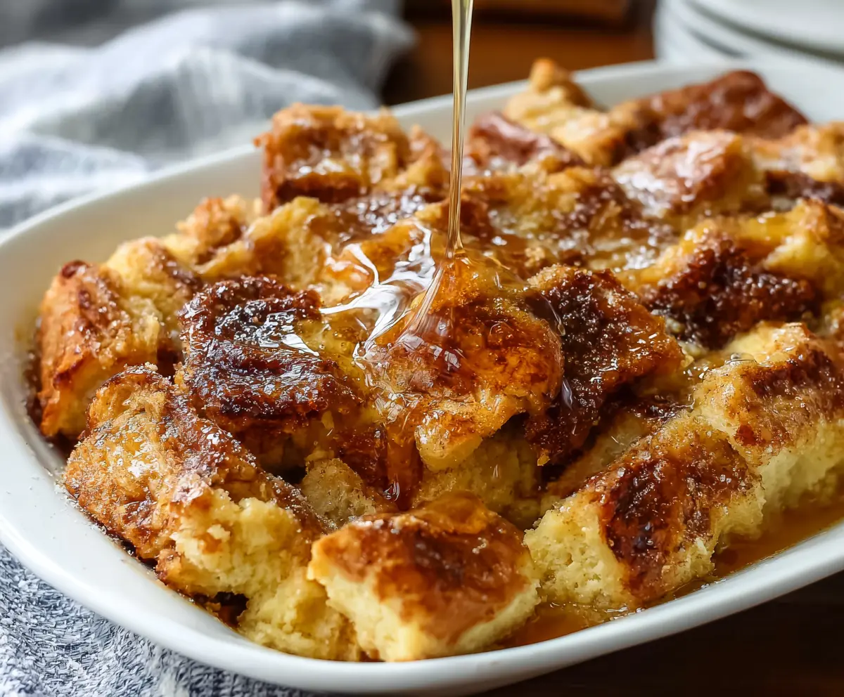 Delicious baked French toast casserole topped with fresh fruit and powdered sugar for a perfect breakfast treat.