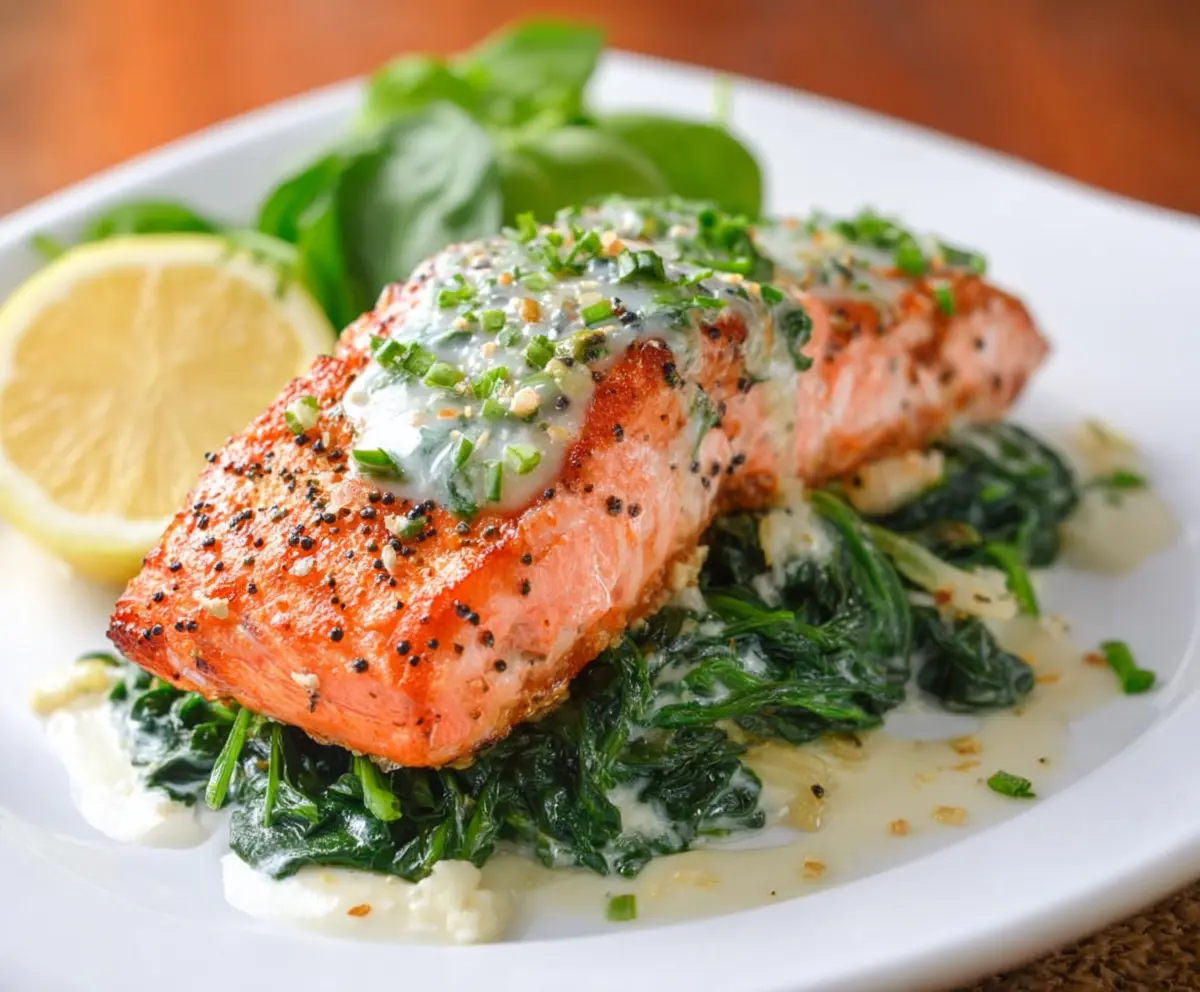 Delicious baked salmon topped with fresh spinach, a healthy and flavorful dinner option.