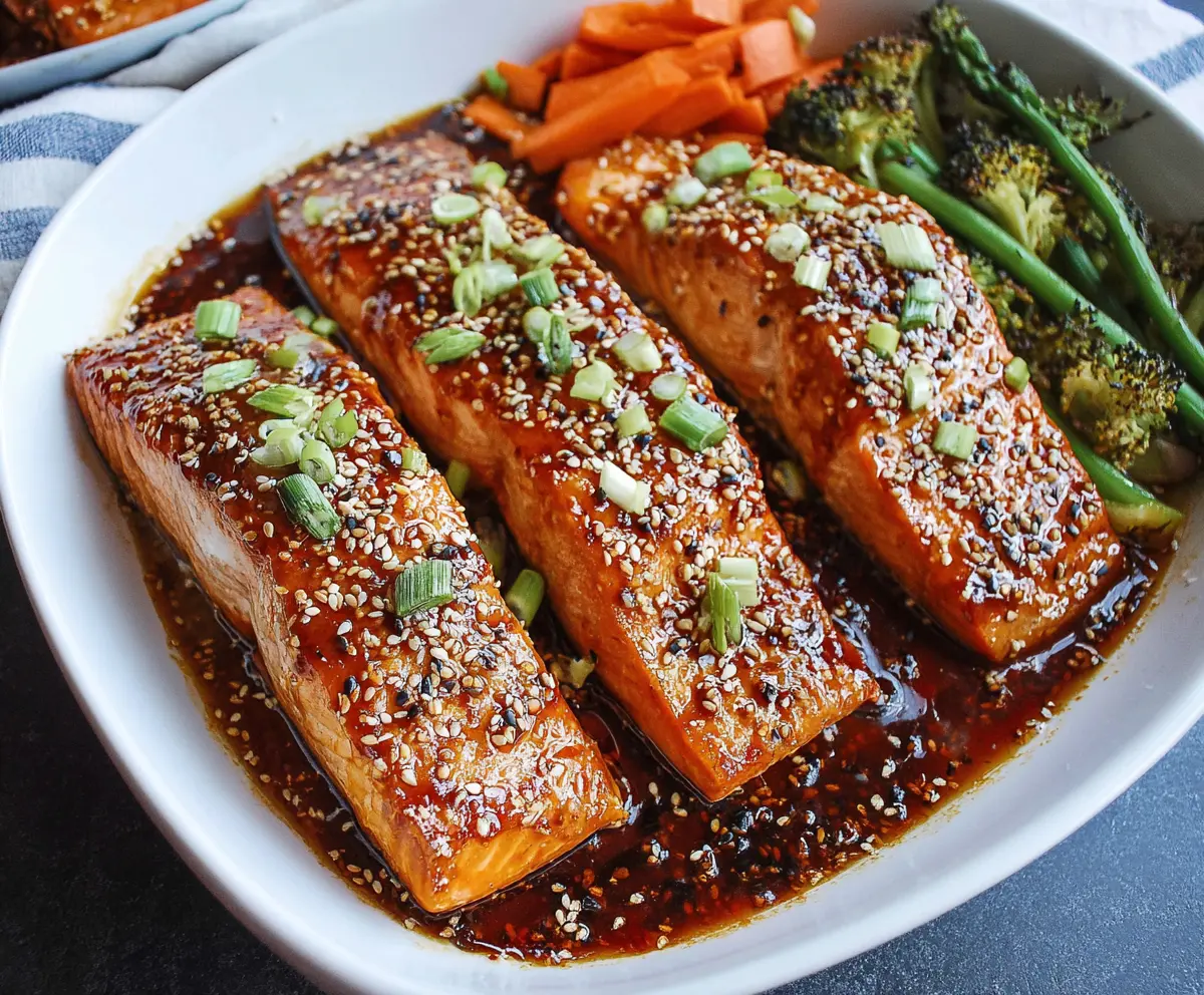 Delicious baked teriyaki salmon dinner served with fresh vegetables and rice