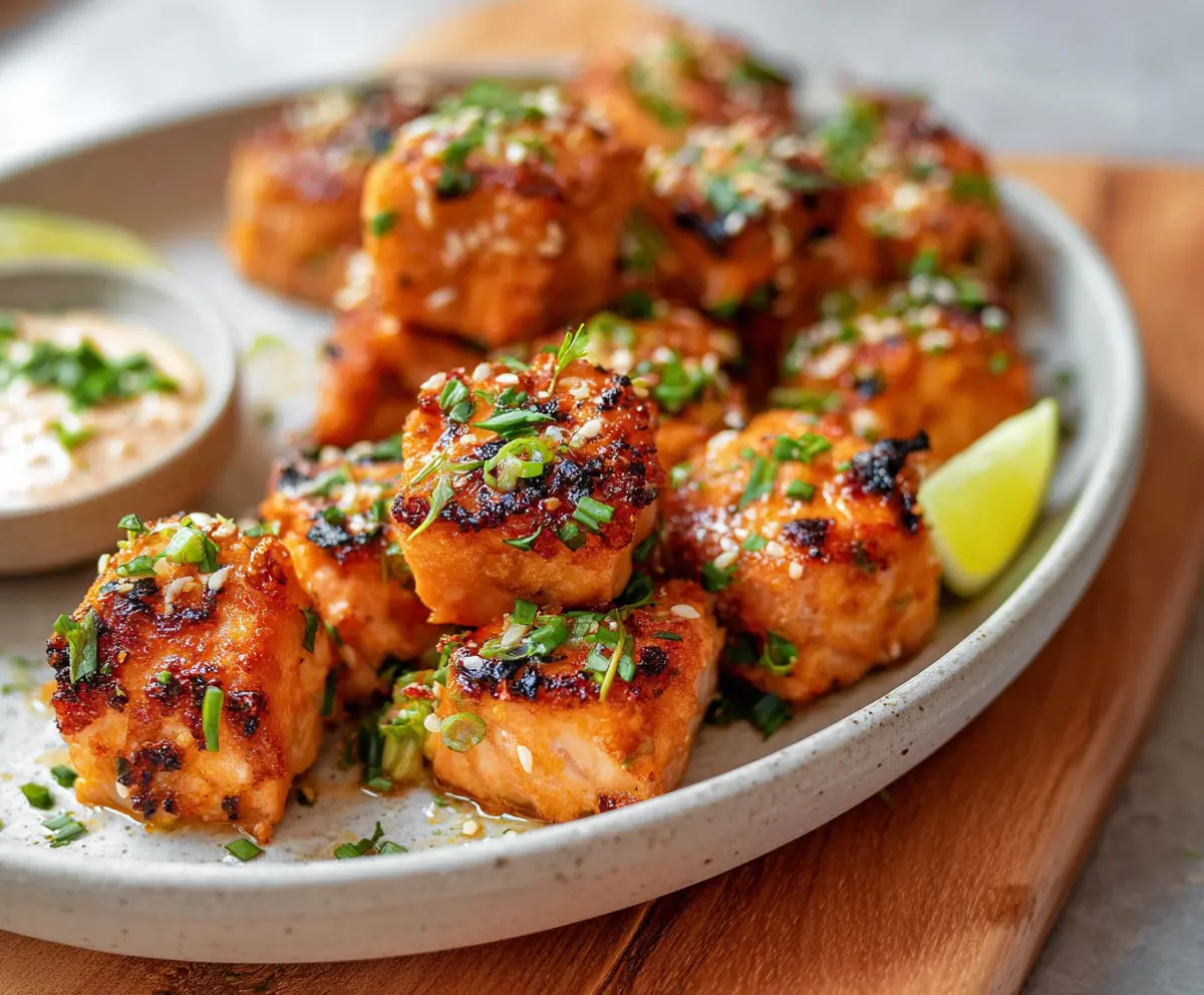 Delicious Bang Bang Salmon Bites crispy air fryer salmon served with colorful dipping sauce.