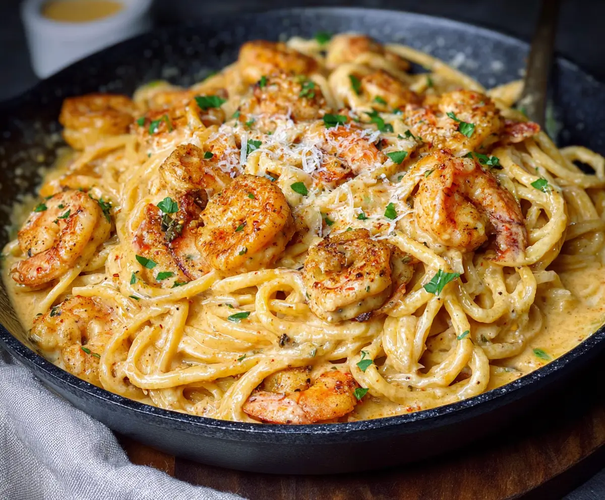 Delicious Cajun Chicken and Shrimp Alfredo pasta dish with creamy sauce and spices
