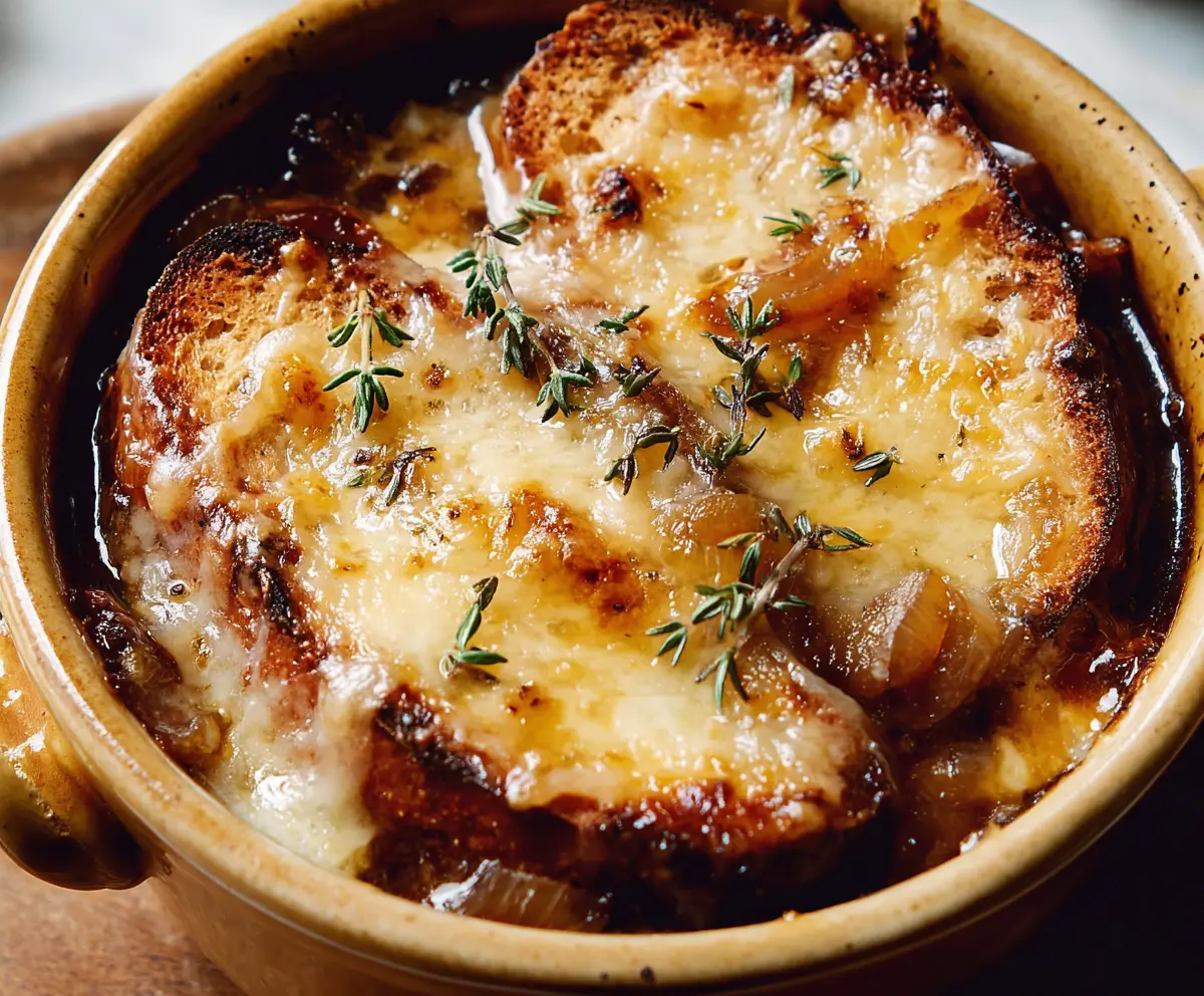 Delicious caramelized onion soup served in a bowl, topped with fresh herbs and melted cheese.