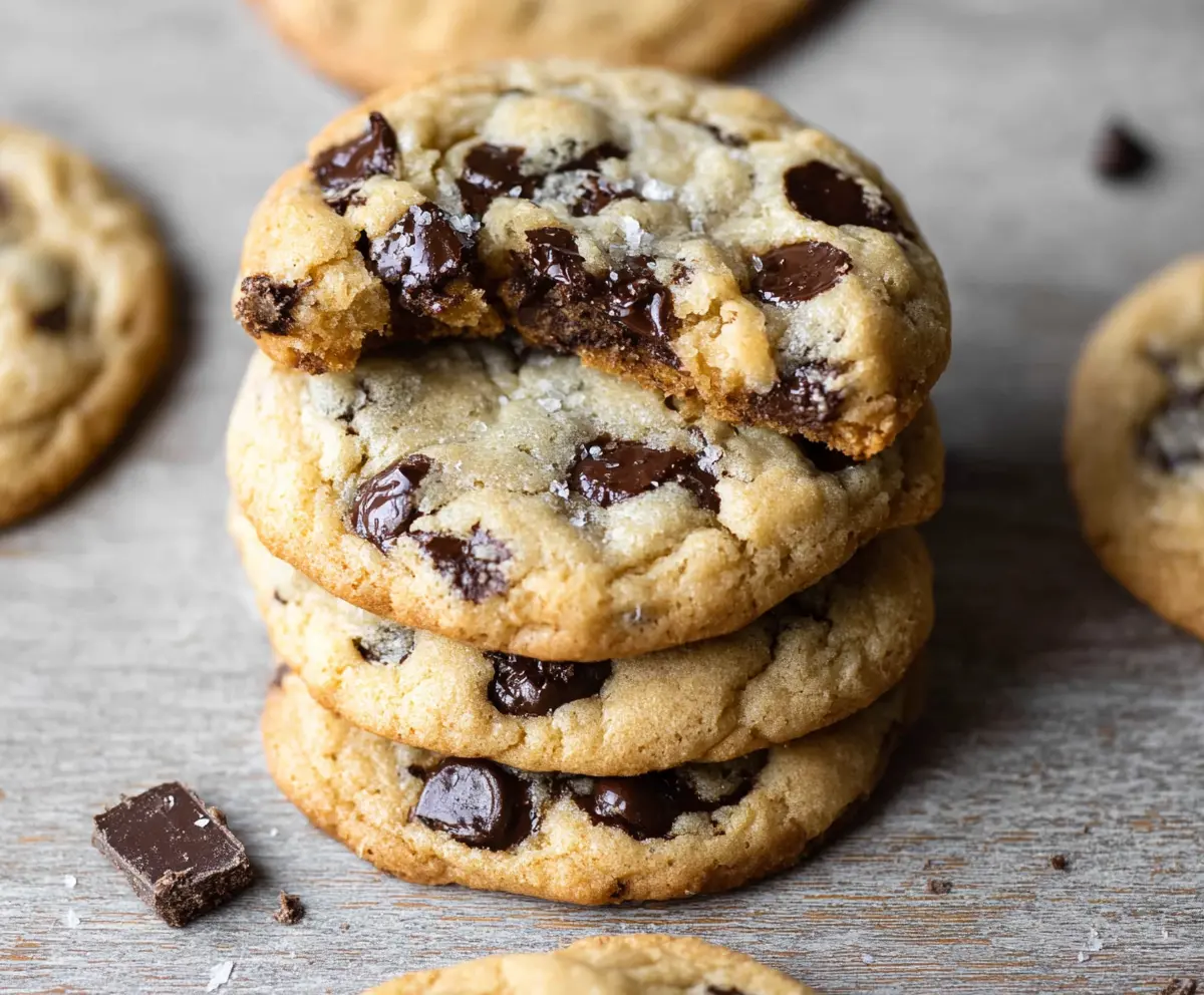 Delicious chocolate chip cookies fresh out of the oven, golden brown and loaded with gooey chocolate chips.