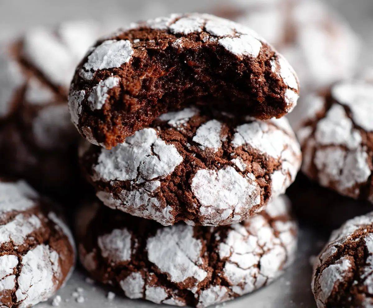 Delicious chocolate crinkle cookies dusted with powdered sugar on a baking tray.