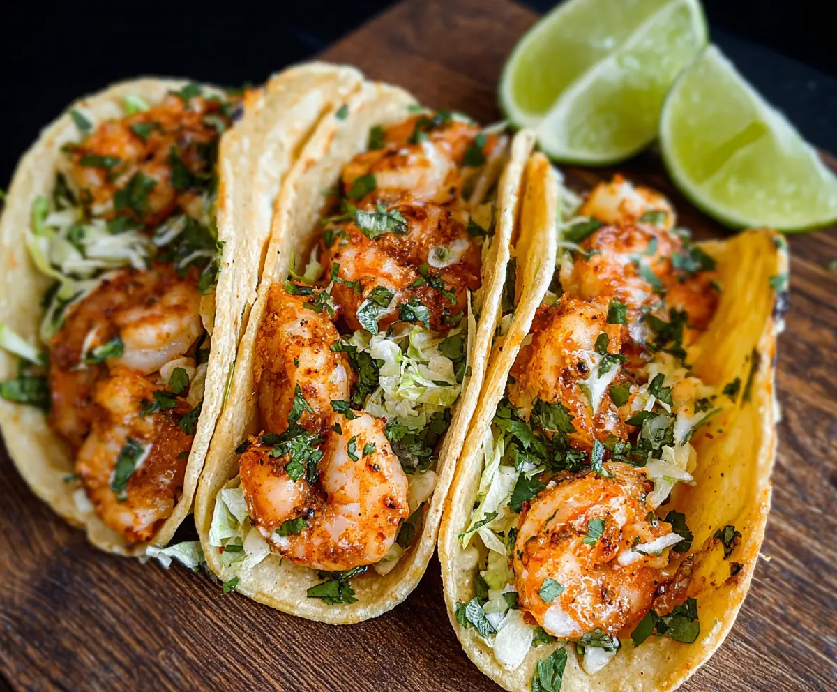 Fresh shrimp tacos topped with chopped cilantro and lime wedges, perfect for a quick and easy meal.