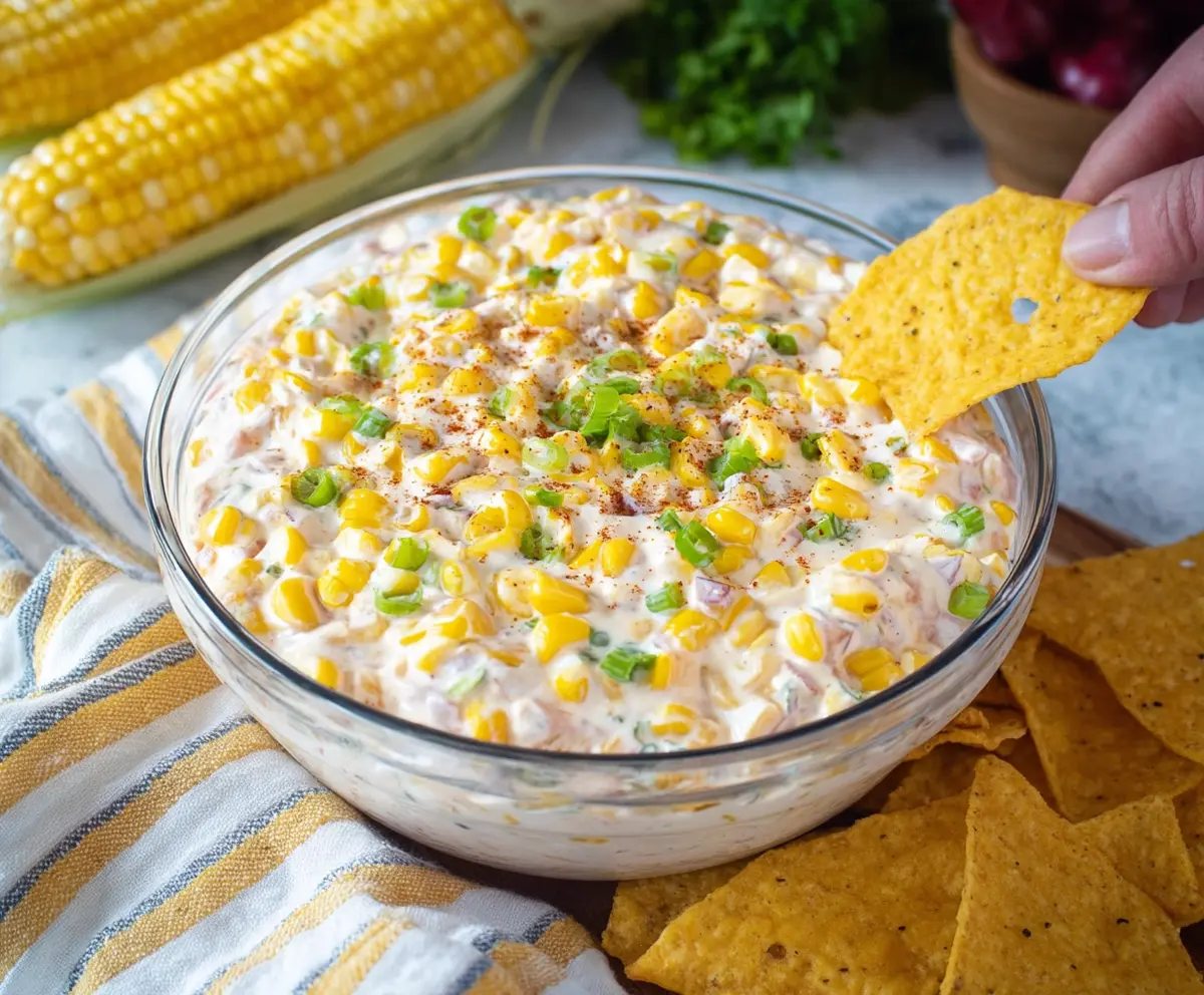 Creamy corn dip served in a bowl with fresh herbs, perfect for parties and gatherings.