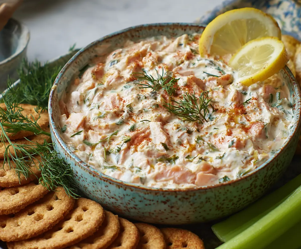 Creamy smoked salmon dip garnished with fresh lemon slices on a platter.