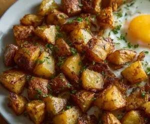 Golden crispy breakfast potatoes served with herbs and seasonings.