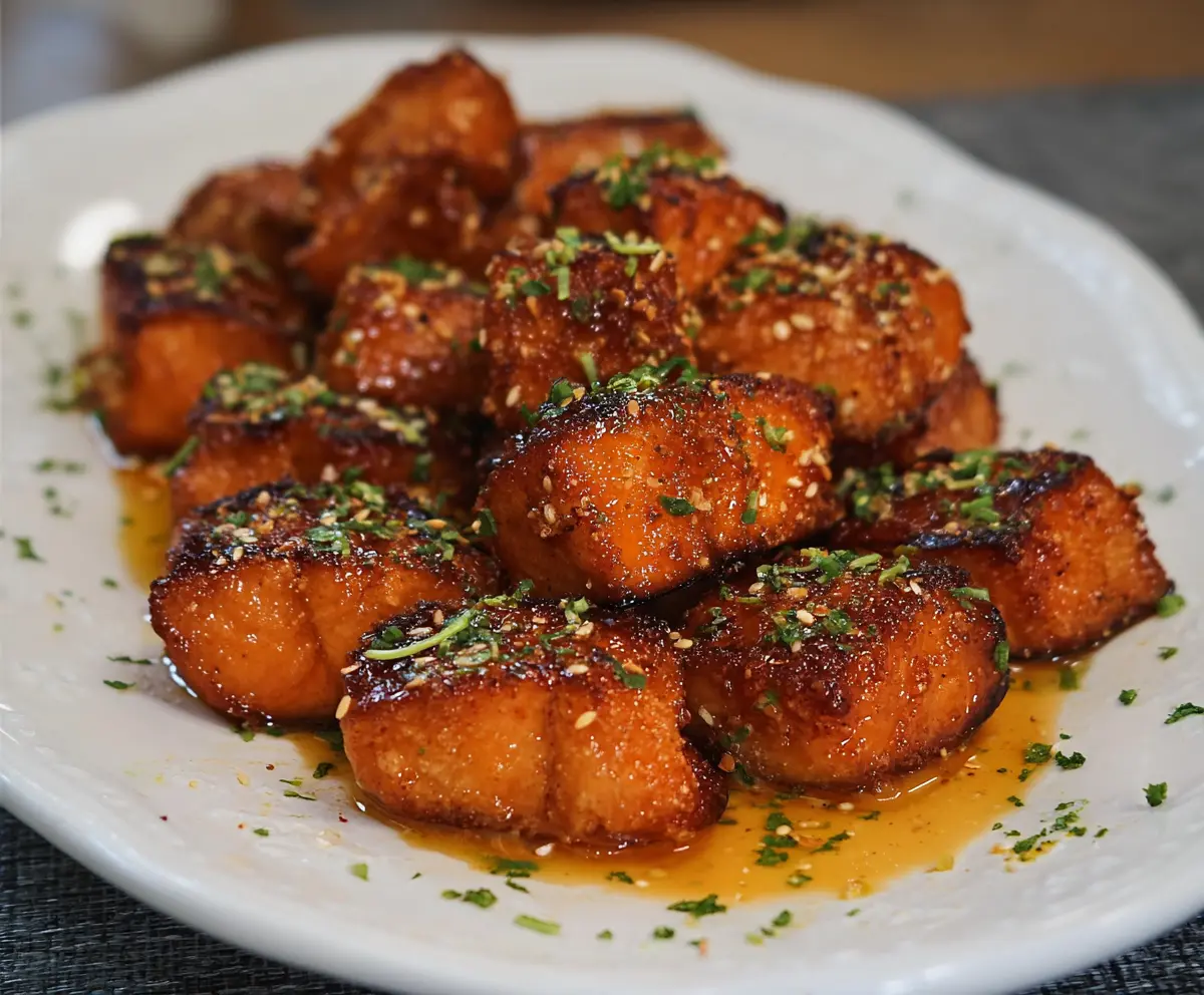 Delicious crispy honey garlic salmon bites garnished with fresh herbs on a white plate.