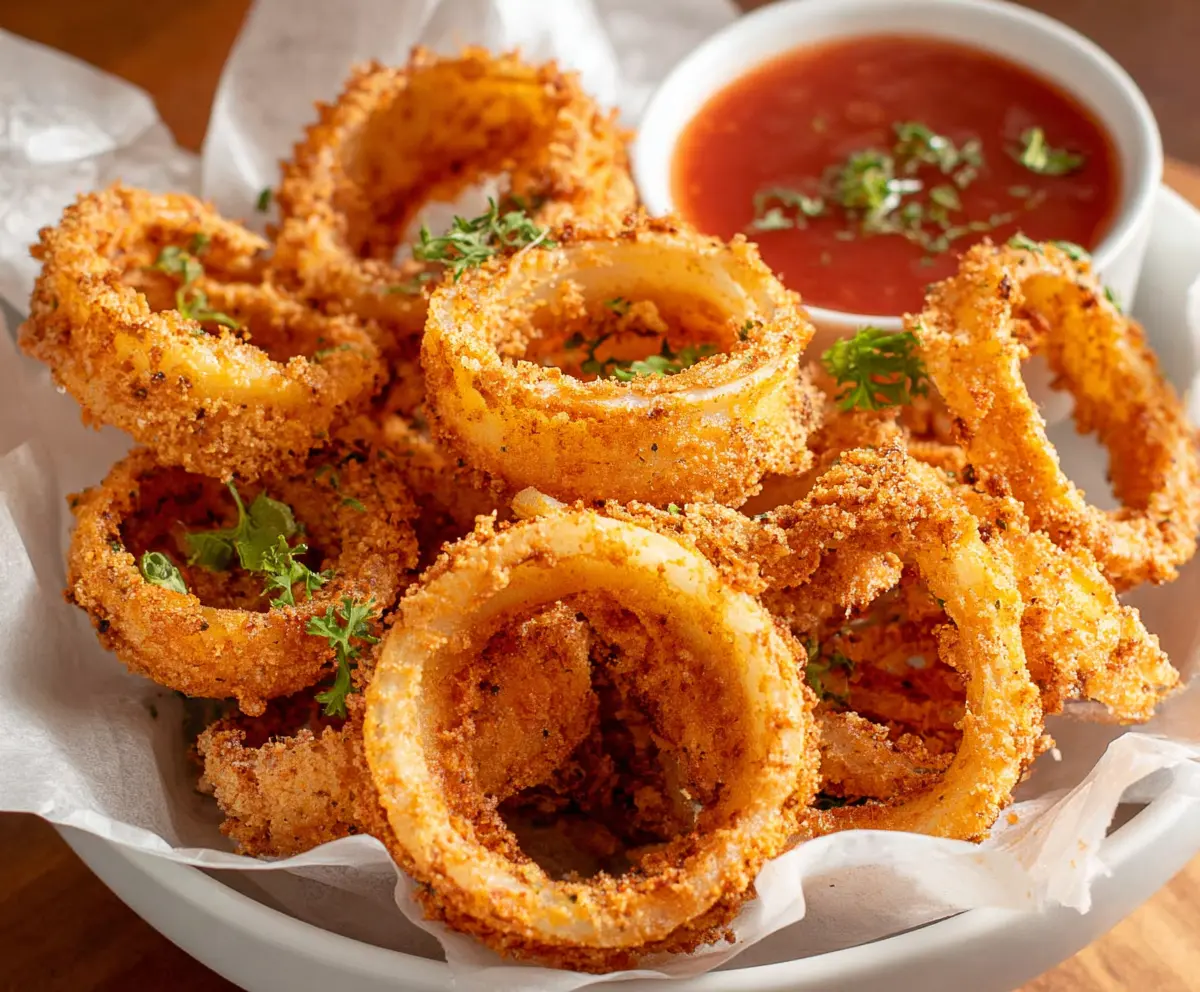 Crispy keto onion rings served with low carb dipping sauce on a white plate.