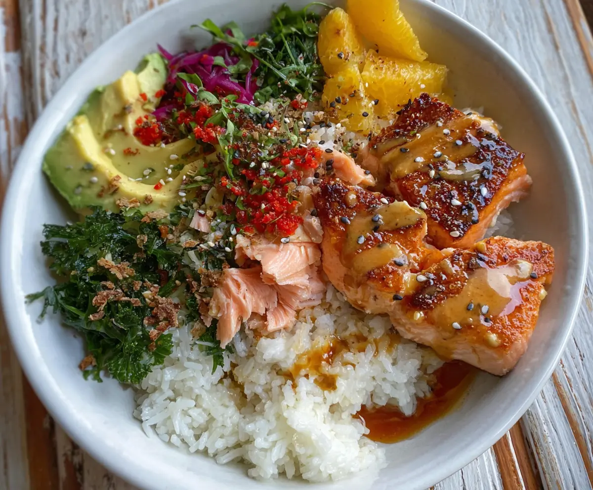 Delicious crispy salmon served over a rice bowl with fresh vegetables, perfect for a healthy meal.
