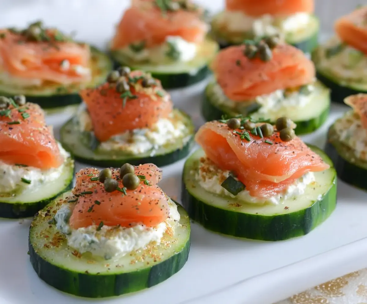 Delicious cucumber bites topped with smoked salmon and fresh herbs, perfect for appetizers.